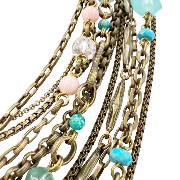 Stephen Dweck multi-12 strand pink & blue Beaded Statement Necklace bronze metal - Picture 2 of 11